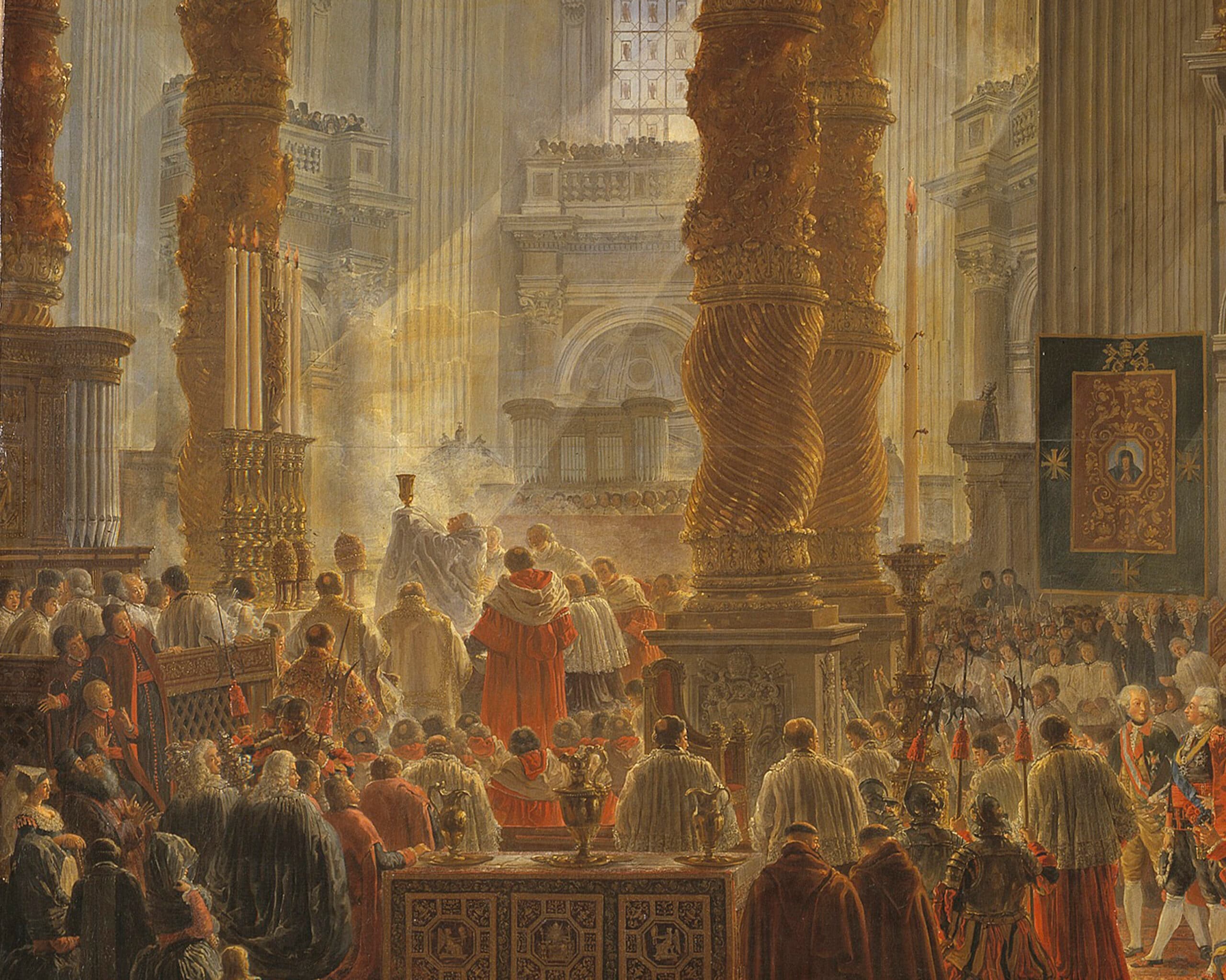 A solemn pontifical Mass beneath the twisting columns of a Baroque basilica.