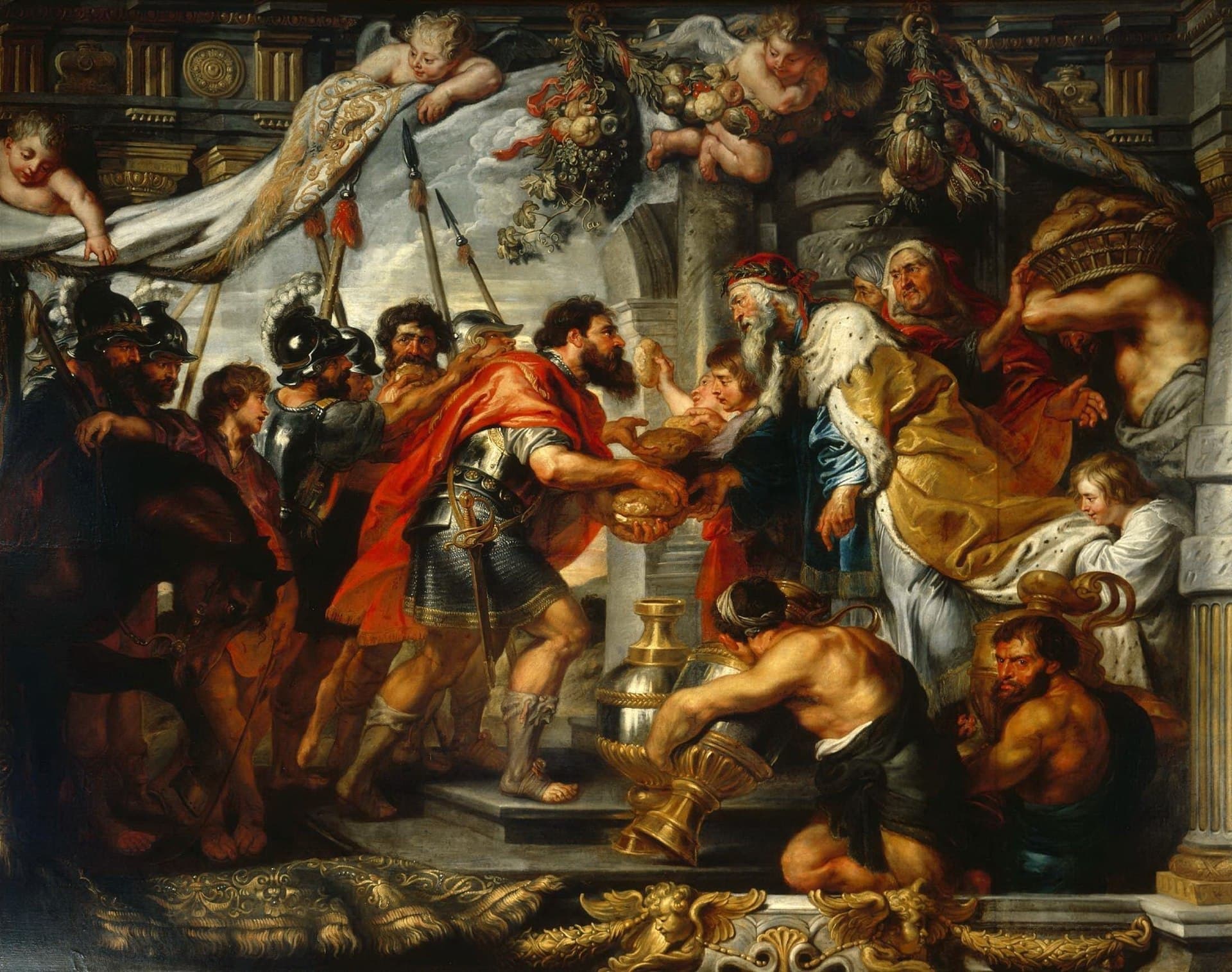 Melchizedek offering bread and wine to Abraham — a figure of the Eucharist.